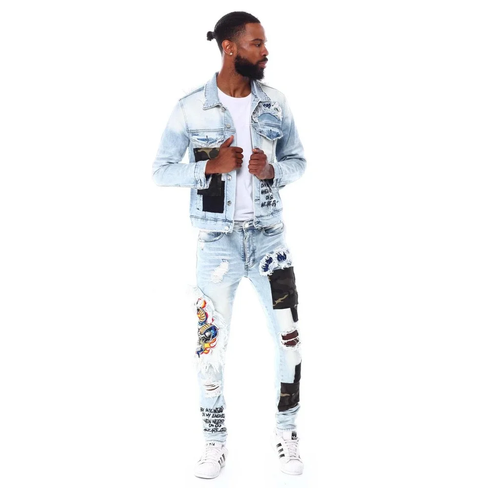 GFTD LA Los Angeles Men's Ezra Skinny Fit Embroidered Skull Distress Rip Jeans - Picture 2 of 6